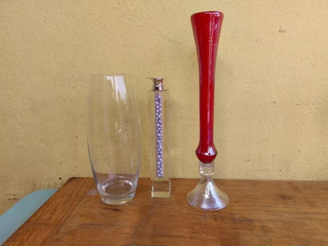LOTTO 2 VASI + 1 CANDELIERE IN VETRO VASO SOFFIATO ROSSO ALTEZZA 26-36cm VINTAGE