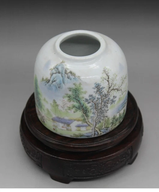 Chinese Guangxu Pink Peony Pattern Hand Drawn Tree House Landscape Pot Decor