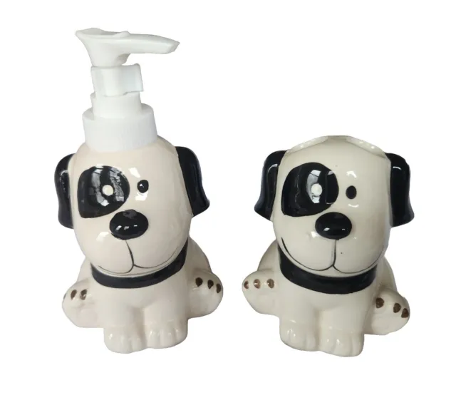 Dog Puppy Ceramic Soap Dispenser, Toothbrush Holder, 2 Pc Set