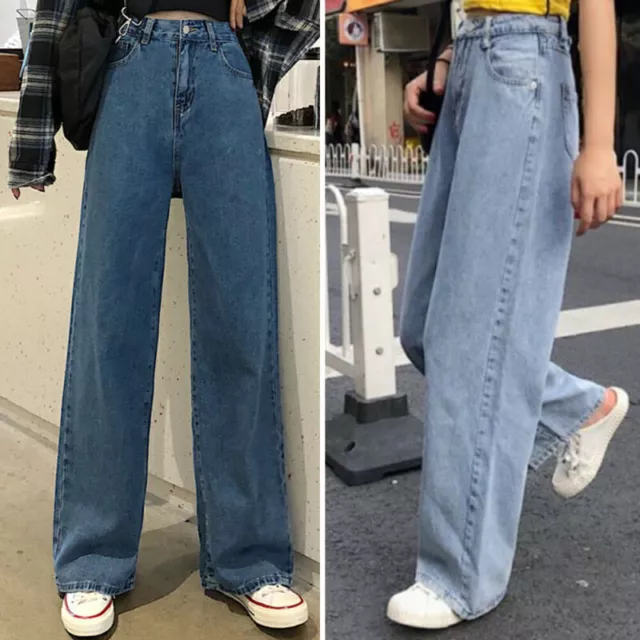 Lady Wide Leg Baggy Jeans High Waist Denim Trousers Casual Loose Straight Pants!