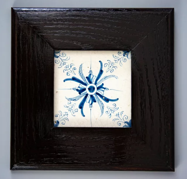 Antique 17th Century Framed Dutch Delft Faience Floral Aigrette Tile