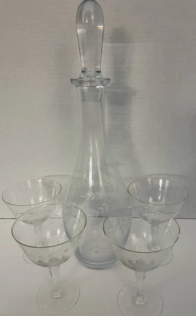 PRINCESS HOUSE Crystal ETCHED Wine/Liquor Decanter Glass Stopper  4 Stem Glasses