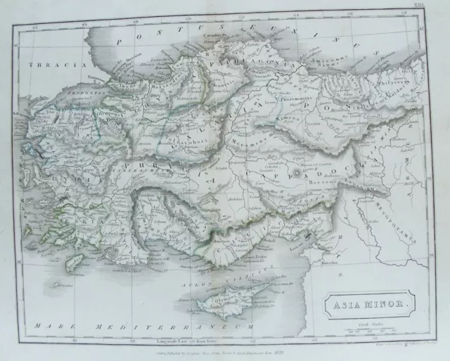 OLD ANTIQUE MAP ASIA MINOR CYPRUS GREEK ISLANDS c1829 by S HALL 19th C ENGRAVING
