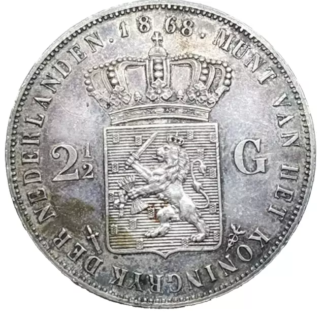 William III - Error Fine Silver 2½ Gulden 1868 NETHERLANDS (675G)