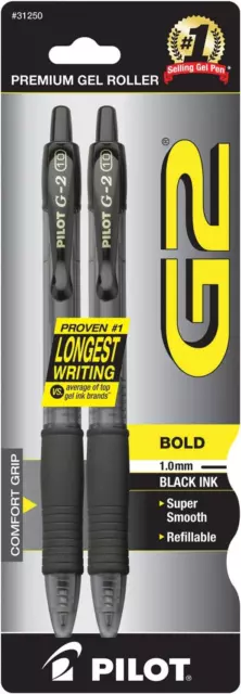 Pilot G2 Retractable Premium Gel Ink Roller Ball Pens Bold Point 2 Pk Black Ink