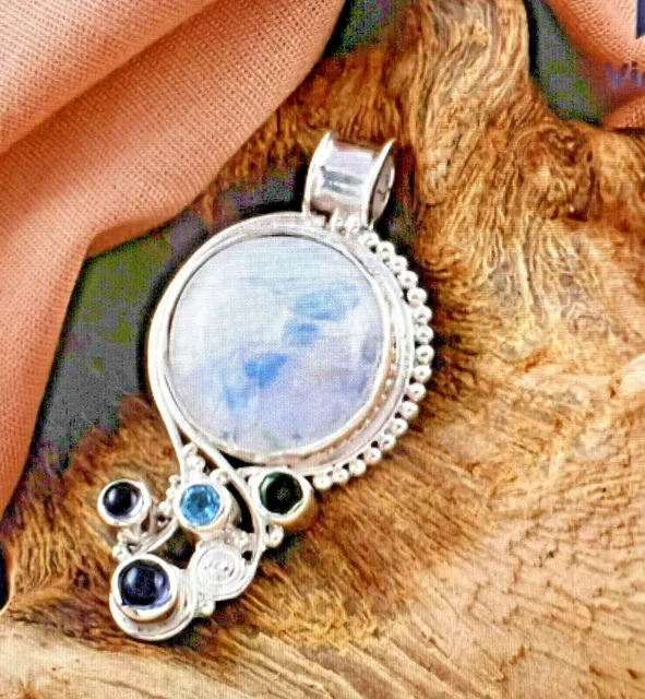 SAJEN SILVER Rainbow Moonstone Multi Gemstone Pendant in Sterling Silver 14g