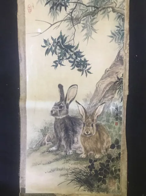 Chinese Rice Paper Yarn Mesh Mural Xie Zhibin Color Painting Willow Rabbit
