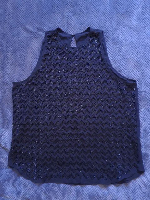 Black Beaded Zigzag Stripe Pattern Silk Top L