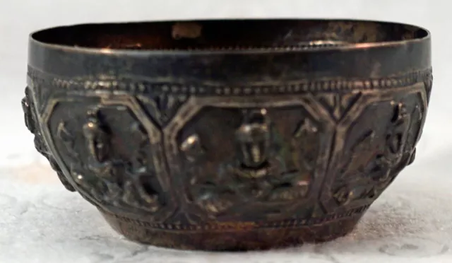 Antique Burmese / Thai Repousse Silver Thabeik Bowl Water Offering - Dancers 2
