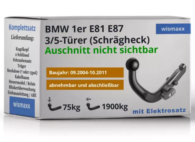 ANHÄNGERKUPPLUNG für BMW 1er E81 E87 04-11 abnehmbar BRINK +13polig E-Satz ABE