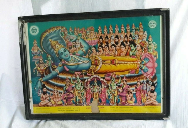 Todo Dios hindú con Lord Vishnu Ananthasyanam Antique VTG Old Paper Print F29
