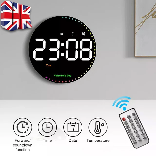 LARGE LED DIGITAL Wall Clock Indoor Temperature Date Alarm Clock for ...