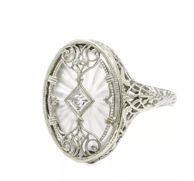 Antique Art Deco 10k White Gold Diamond & Camphor Glass Filigree Ring 6 #E23-4