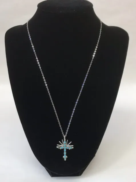 Antique Zuni Dishta Style Sterling Silver Turquoise Inlay Cross Pendant Necklace