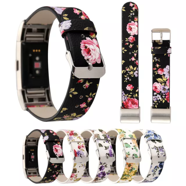 For Fitbit Charge 6 5 Genuine Leather Strap Band Watch Flower Print Replacement