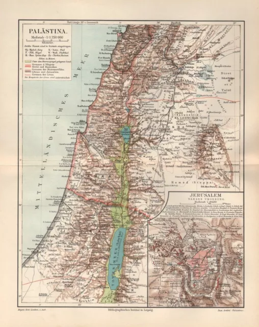 Palästina mit Jerusalem Israel  Umgebung Beirut Damaskus Landkarte von 1896