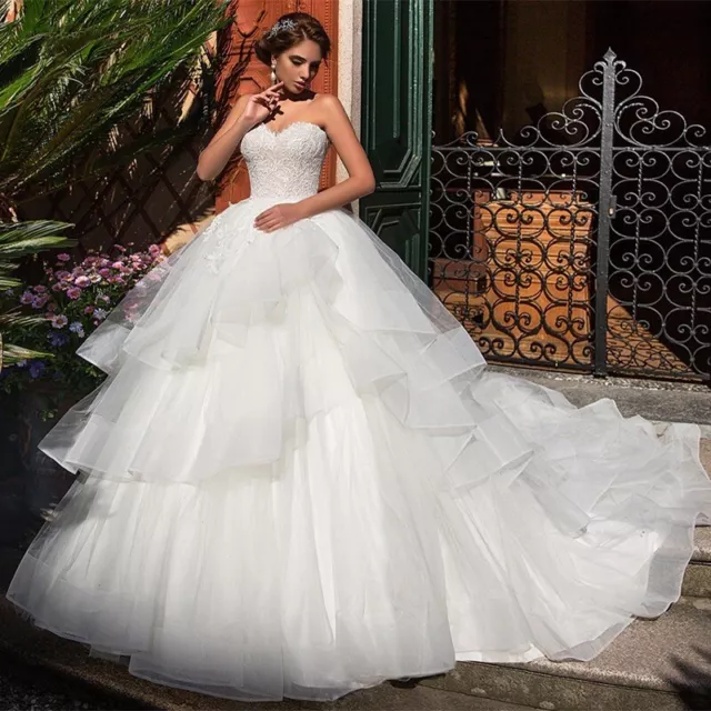 Strapless Backless Layered Ruffle Lace Sweetheart Neck Bridal Gown Wedding Dress