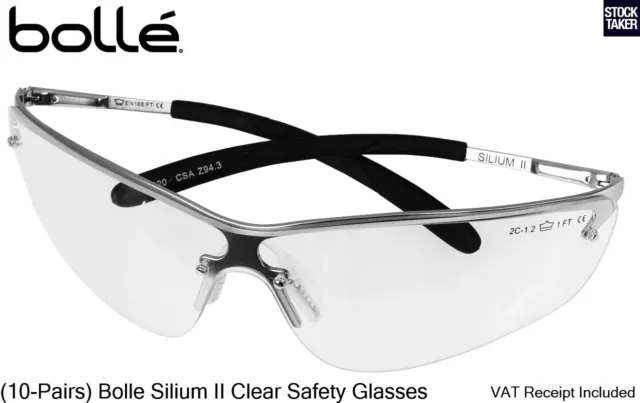 (10-Pairs) Bolle Silium II Clear Lens Safety Glasses Specs Metal Frame UV Fog