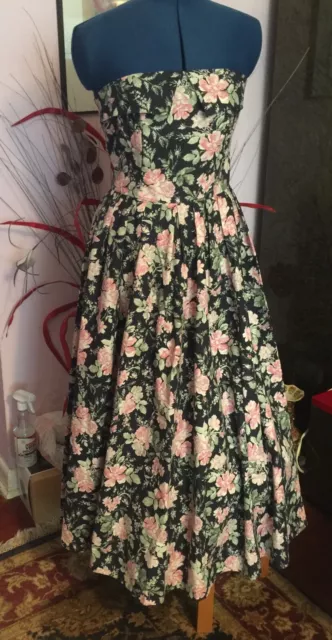 Vintage Laura Ashley Evening Strapless Floral Midi Dress Pink Roses Size 8