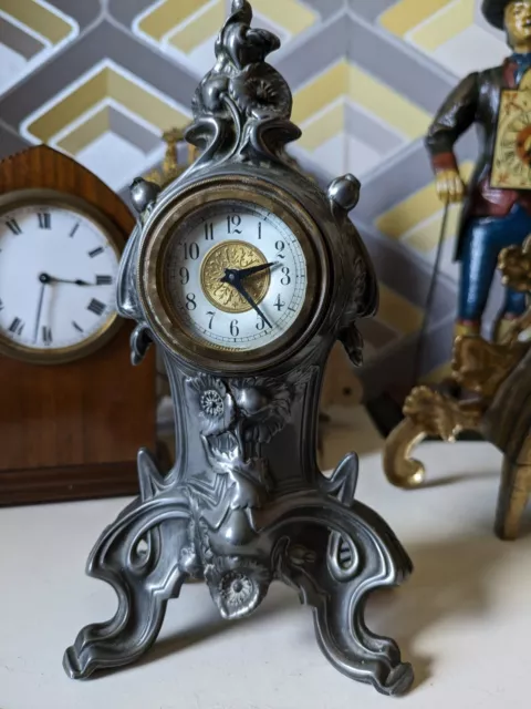 Antique  Art Nouveau Clock German Movement Pewter Working Order