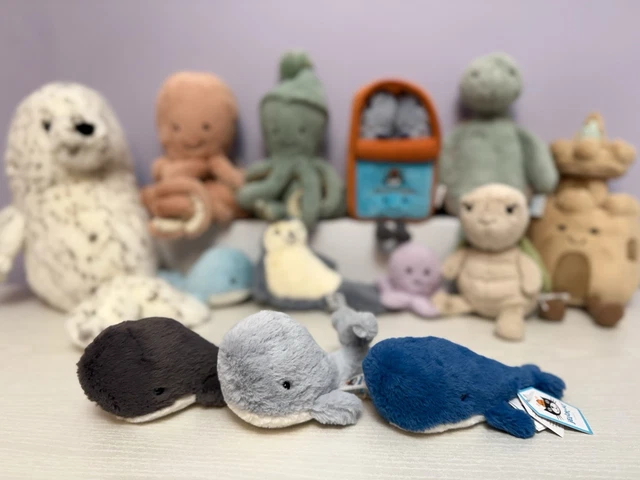 JELLYCAT RETIRED Wavelly Whale Bundle - Grey, Blue, Inky - Brand New