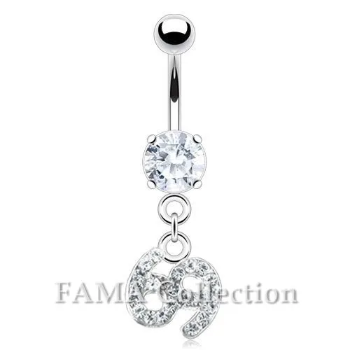 Quality FAMA Surgical Steel Navel Belly Ring with 69 Dangle Clear Gem CZ