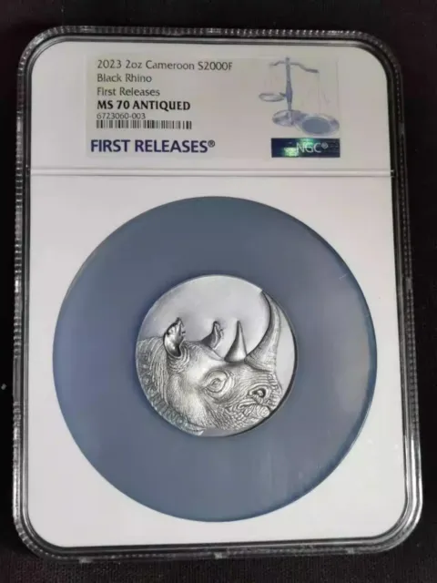 NGC MS70 FR Cameroon 2023 Black Rhino Silver Coin 2oz 2000 Francs
