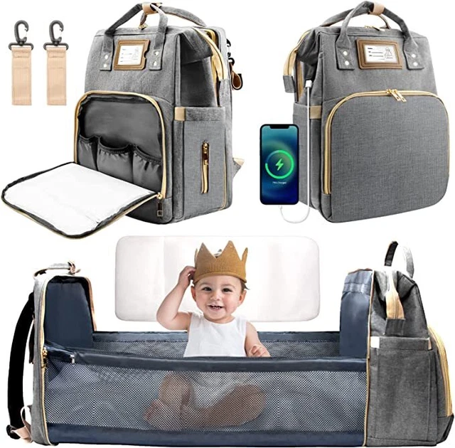 Diaper Bag Multi-Functional Waterproof Travel Foldable Backpack W/ USB Port Grey