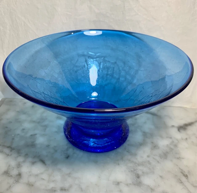 Vintage Mid Century Blenko Large 11” Blue Crackle Glass Center Bowl w/Label