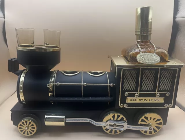 1880 Iron Horse Steam Train Bar Decor Gin Decanter 2 Shot Glasses Music Box VTG