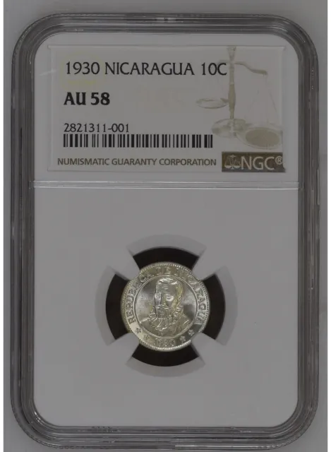 1930 (P) Nicaragua Silver 10 Centavos NGC AU 58 Looks Uncirculated