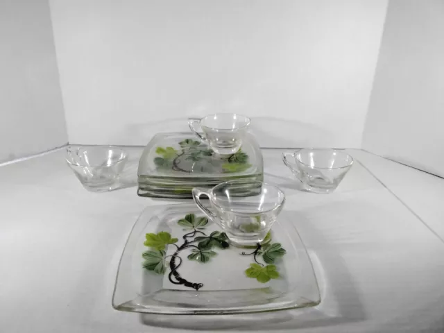 Hazel Atlas Frantasia Clear Glass Cups With Saucers Green Ivy Set Of 4