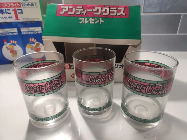 19x rare Japanese coca cola advertising glasses 1980s original boxed, packaging