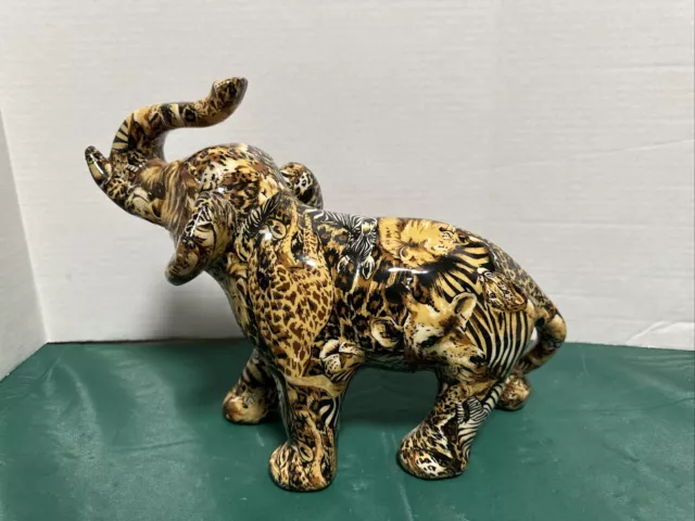 Elephant figurine safari animal print La Vie patchworks ceramic large