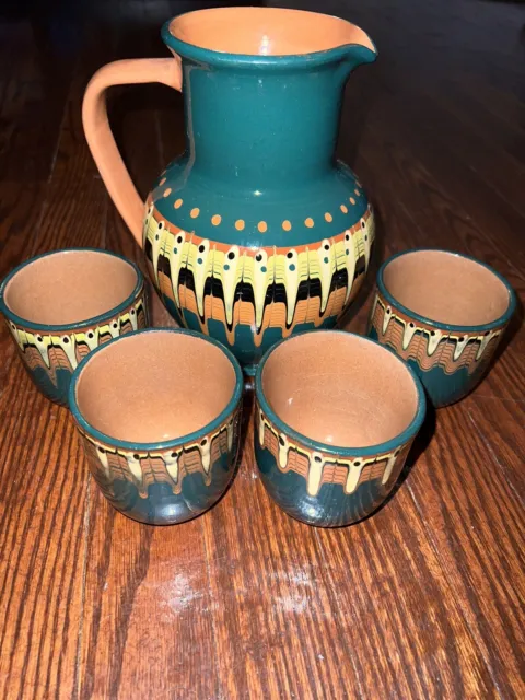 Bulgarian Drip Troyan Redware Teal Pitcher and Cups Set