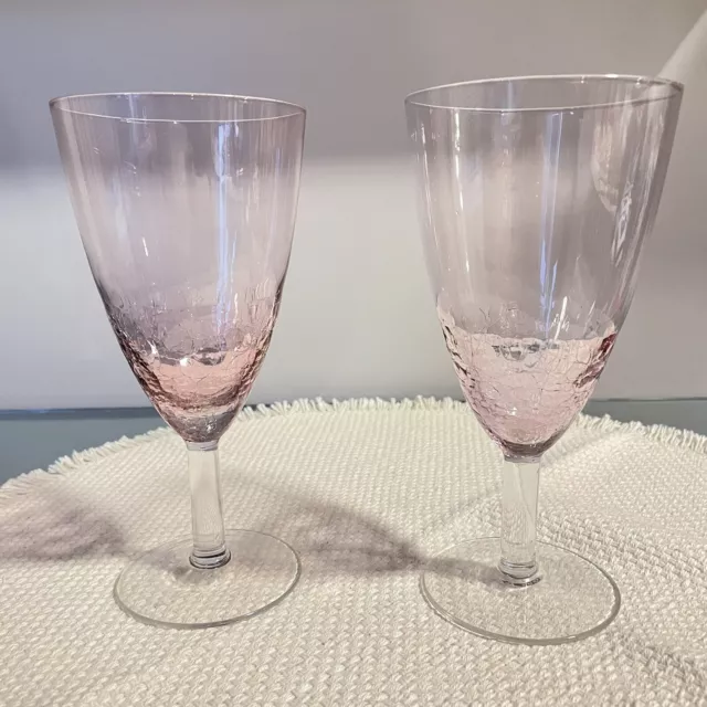 Set 2 Pier 1 One Crackle Glass Goblets Pink Wine Water RETIRED 8” Rare Color