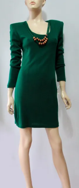 Vintage 80s Blondie And Me Emerald Green Wood Necklace Wiggle Mini Dress S