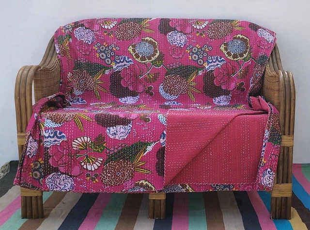 Indian Cotton Handmade Pink Kantha Quilt Fruit Print Blanket Bedspread Throw