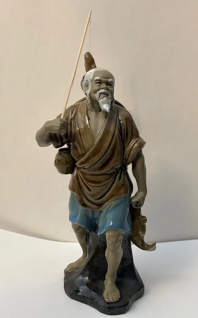 Ceramic Figurine Miniature Glazed Fisherman 4.0" x 4.5" x 10" Tall Brown & Blue