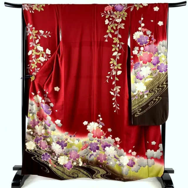 Japanese kimono SILK"FURISODE" long sleeves,Gold leaf,SAKURA,Stream,L5' 5"..3431