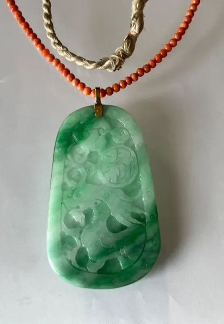 Chinese Qing Dynasty natural green jadeite jade pendulum pendant w. coral 14K GD