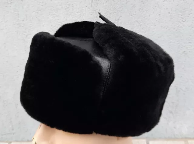 Chapka noire en vrai fourrure homme, chapeau syle Russe, cuir noir