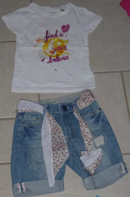 4 ans : Ensemble fille été short jean PICK OUIC neuf + T-shirt MC blanc OKAIDI
