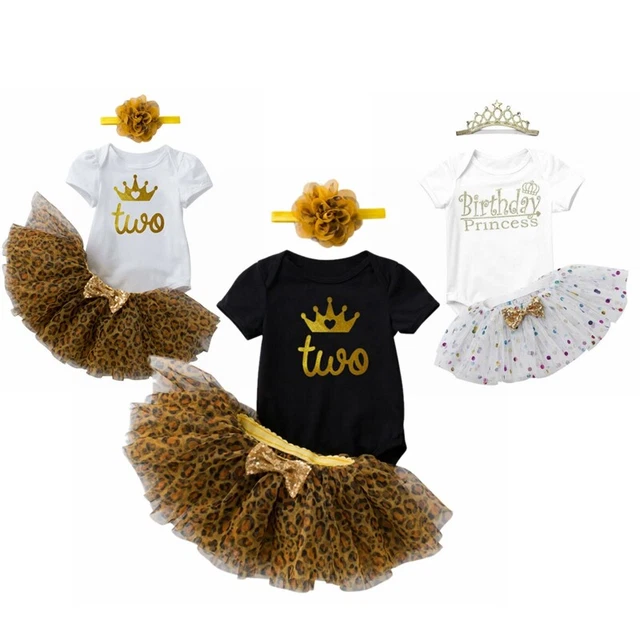 Baby Girls Birthday Party Outfits Short Sleeve Romper Tops Leopard Tutu Skirt