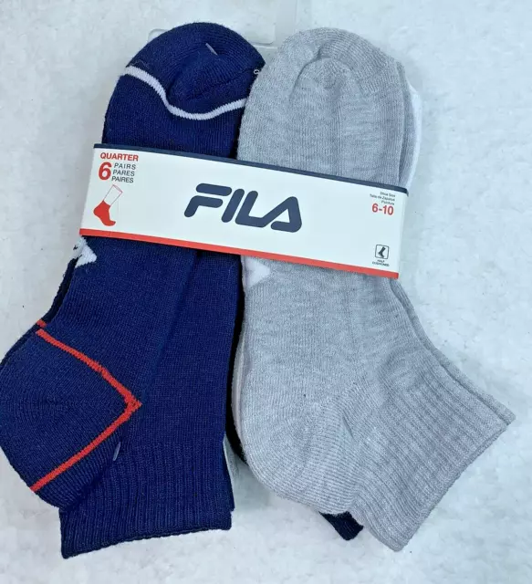 FILA Men's Socks Quarter Crew Athletic Socks 6 Pair Size 6-10 Navy/Gray/White