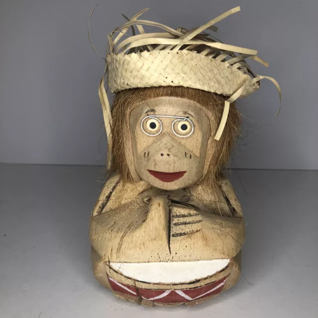 Hand Carved Tiki Coconut Monkey w/ Straw Hat, Drum & Glasses 9” Tall