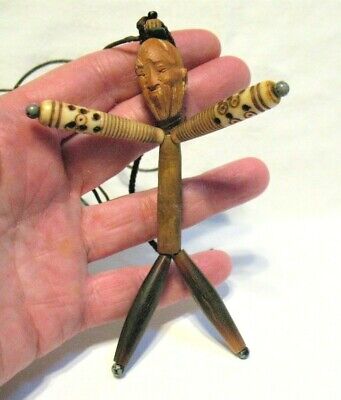 Old Unusual Chinese Puppet Necklace Carved Walnut Face Bovine Limbs On Cord