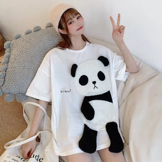 Women Girl Panda Printed Top Loose T Shirt Cotton Short Sleeve Baggy Blouse Cute