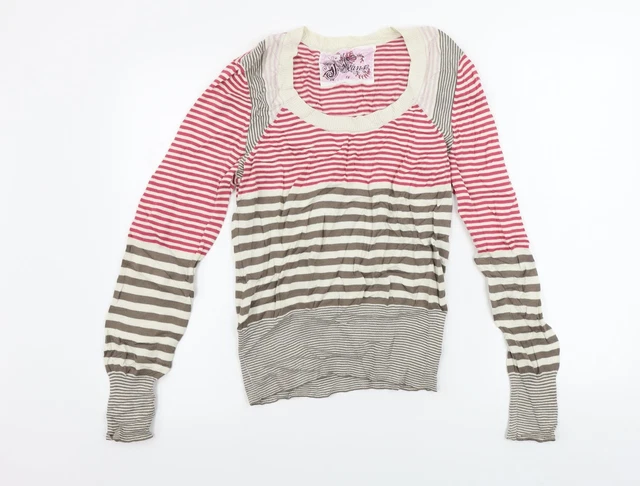 Debenhams Womens Beige Scoop Neck Striped Cotton Pullover Jumper Size 14