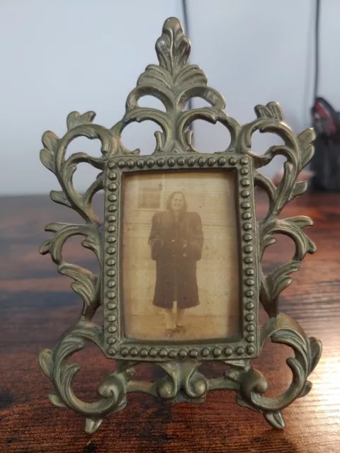 Antique Brass/Cast Iron Easel Back Picture Frame With Cherubs Victorian